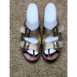 La Plume Womens Gold Metallic Leather Strap Slide Sandals Shoes Italy‎ 39 / 8.5